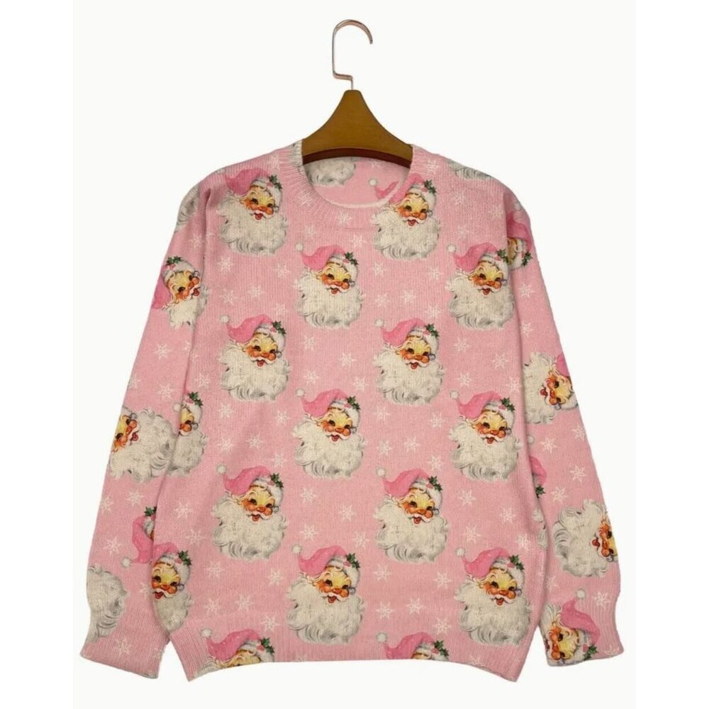 NWT Pink Santa Claus Crewneck Printed Lightweight Sweater Size Large